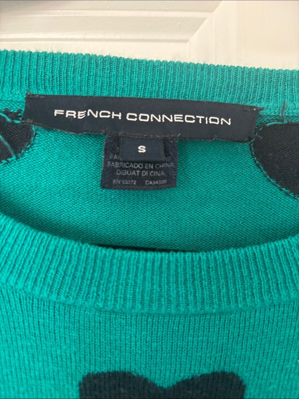 French Connection teal heart sweater size small ASO Teen Wolf Allison Argent - Picture 2 of 4